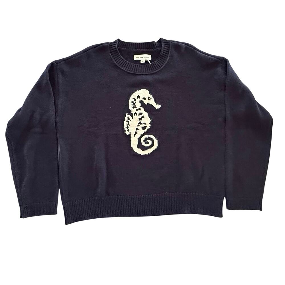NWT Lucky Brand Seahorse Intarsia Knit Pullover Sweater Navy Blue L Nautical